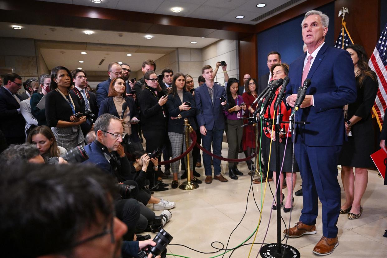 House Minority Leader Kevin McCarthy addresses reporters at the Capitol.