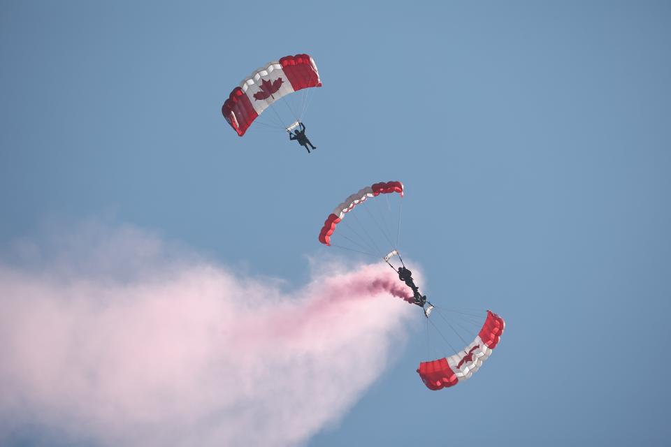 Canadian paratroopers perform during a commemorative ceremony for the 80th anniversary of D-Day landings in Normandy (EPA)