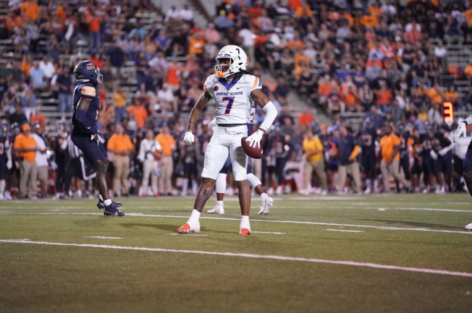 Latrell Caples celebrates after a 28-yard reception against UTEP on Friday night. It was one of the very few big plays the offense came up with in a lowly performance.