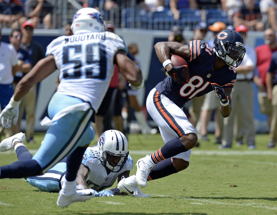 Cameron Meredith (81) was carted off Sunday after suffering a leg injury. (AP)