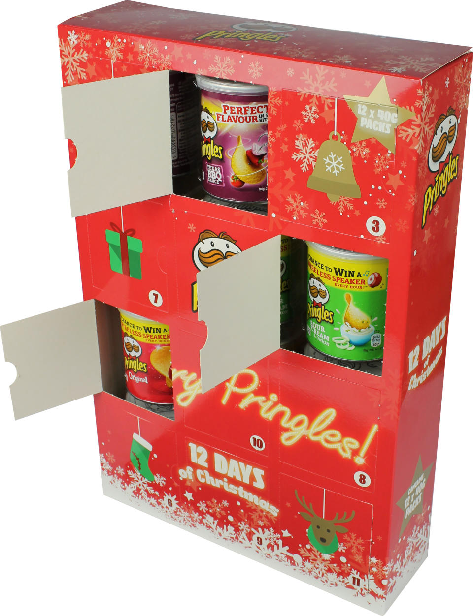 The £7.99 advent calendar has a tube of Pringles hidden behind each door [Photo: B&M]