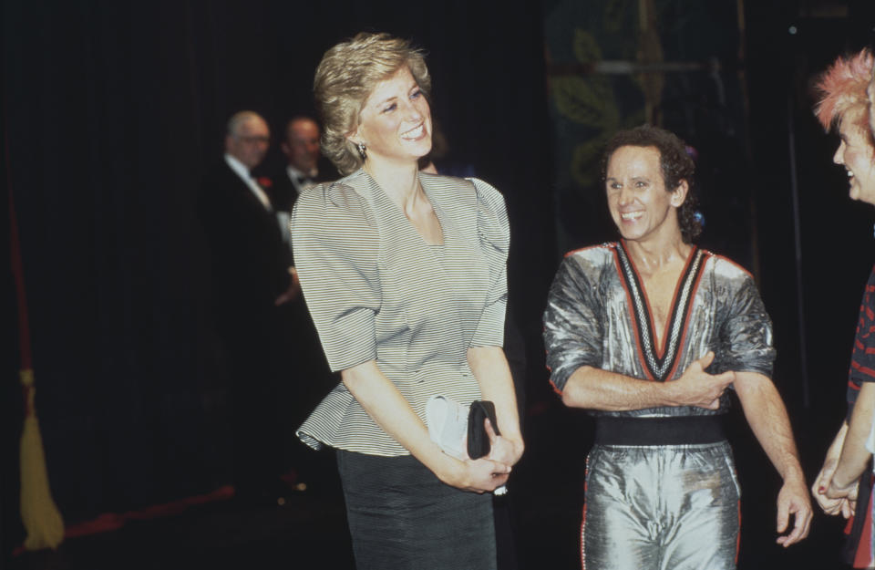 Diana, Princess of Wales  (1961 - 1997) with dancer Wayne Sleep after a performance of 'Song and Dance' at the Bristol Hippodrome, Bristol, England, April 1988.  (Photo by Princess Diana Archive/Getty Images)