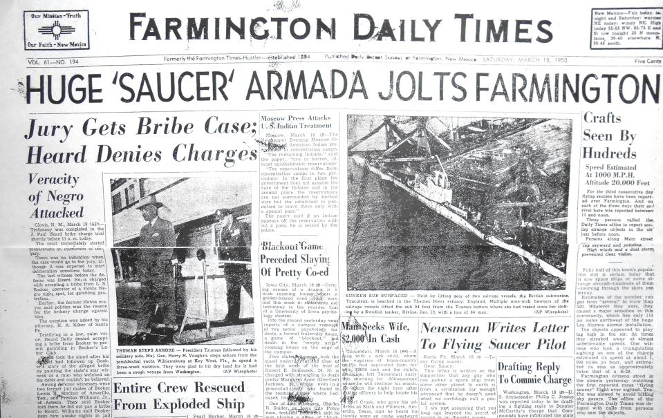 A banner headline from the March 18, 1950, edition of the Farmington Daily Times alerts readers to the alleged appearance of UFOs in the skies over the city a day earlier.