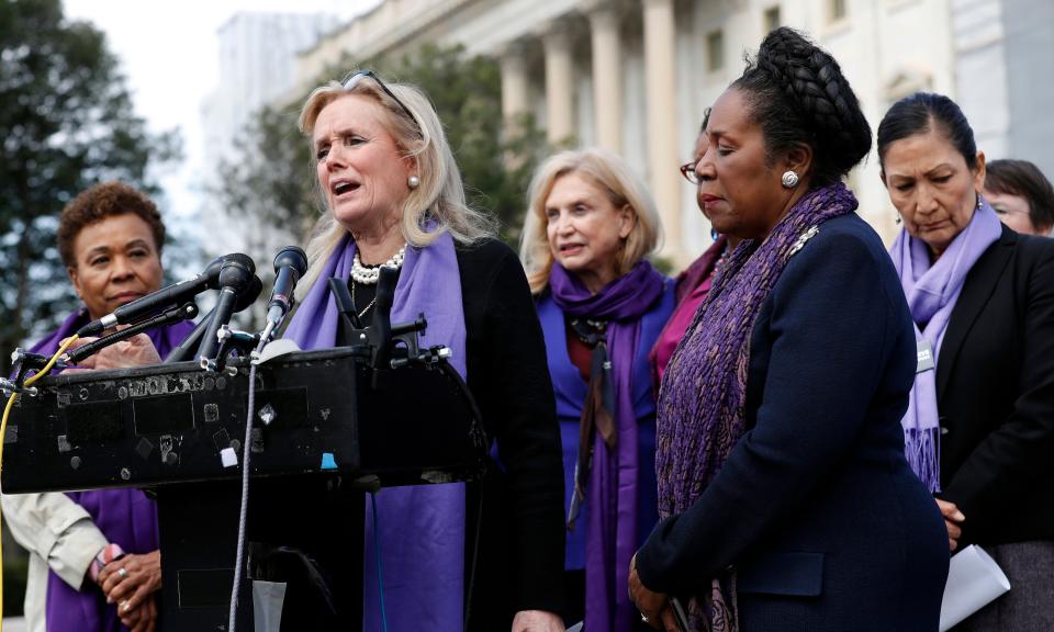 Rep. Debbie Dingell (D-Mich.) leads a news conference with Democratic congresswomen after the House passed legislation to reauthorize the Violence Against Women Act -- without much GOP help. (Photo: Associated Press)