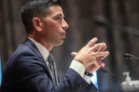 Acting Secretary of Homeland Security Chad Wolf testifies before the Senate Homeland Security and Governmental Affairs committee during his confirmation hearing, Wednesday, Sept. 23, 2020 on Captiol Hill in Washington. (Shawn Thew/Pool via AP)