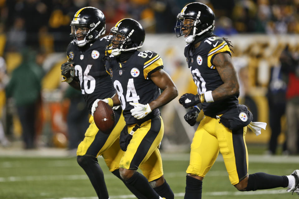 Le’Veon Bell and Antonio Brown both seem likely to relocate in 2019, to new cities and new fantasy draft rounds. (AP Photo/Keith Srakocic)