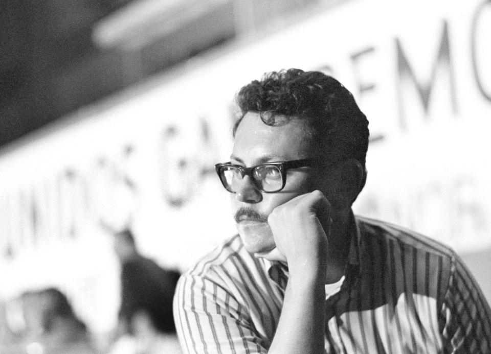 José Angel Gutiérrez of Crystal City, Texas, watches as the national convention of La Raza Unida elected him national party chairman in El Paso, Texas, Sept. 4, 1972. Gutierrez is founder of La Raza Unida.