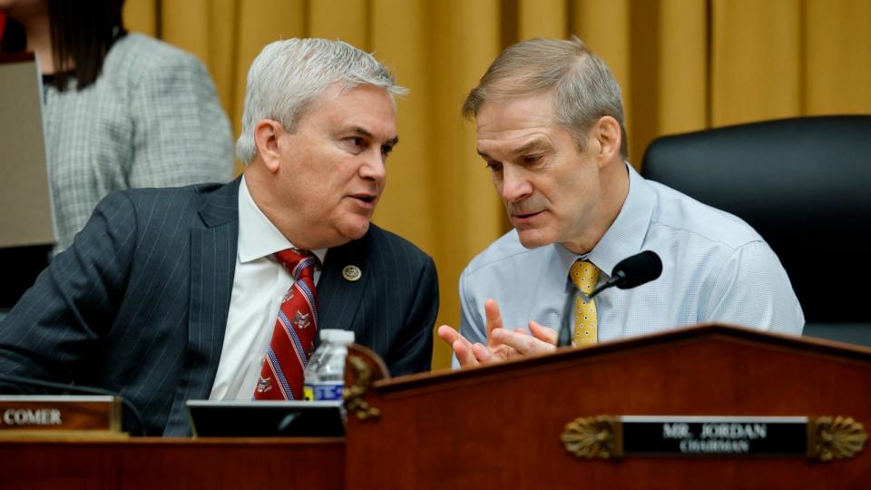 PHOTO: Rep. James Comer talks to Chairman Rep. Jim Jordan as former Special Counsel Robert K. Hur testifies before the House Judiciary Committee, March 12, 2024, in Washington, D.C.  (Chip Somodevilla/Getty Images)