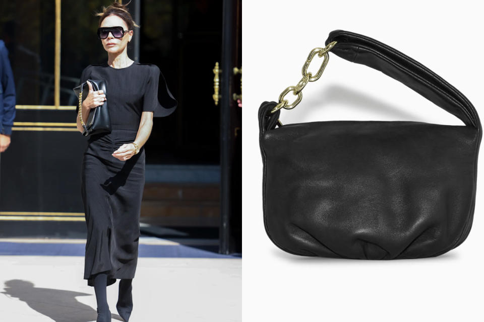 Victoria Beckham sporting the quiet luxury trend with a timeless black bag. / COS