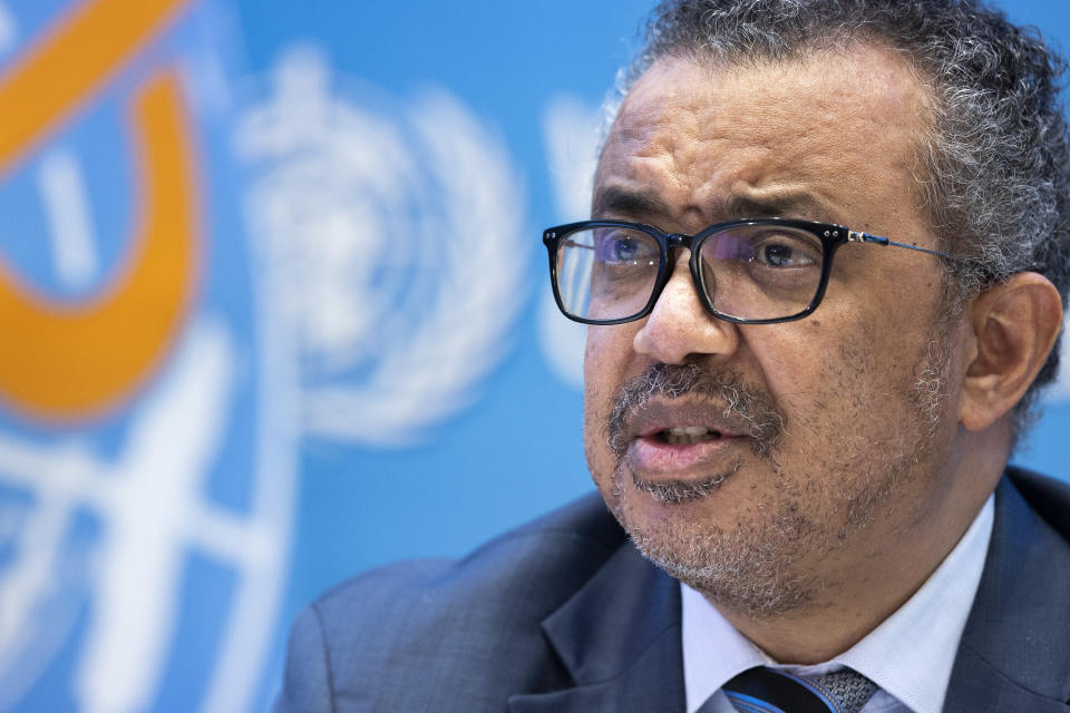 FILE - Tedros Adhanom Ghebreyesus, Director General of the World Health Organization (WHO), talks to the media regarding the coronavirus COVID-19 and WHO's global health priorities in 2022, during a new press conference, at the World Health Organization (WHO) headquarters in Geneva, Switzerland, Monday, Dec. 20, 2021. The government of Ethiopia has sent a letter to the World Health Organization, stating its objection to the "misconduct" of its director-general Tedros Adhanom Ghebreyesus. Ethiopia nominated Tedros to be the head of the U.N. health agency four years ago, but says he has "not lived up to the integrity and professional expectations required from his office," accusing him of interfering in Ethiopia's internal affairs, according to a press release issued late Thursday. (Salvatore Di Nolfi/Keystone via AP, File)