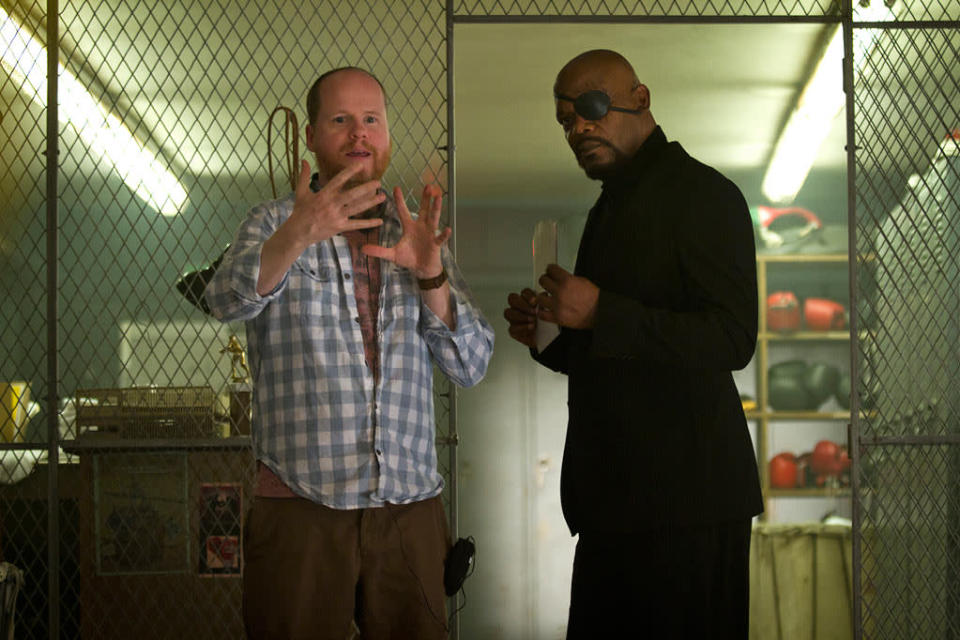 Joss Whedon and Samuel L. Jackson on the set of Marvel's "The Avengers" - 2012