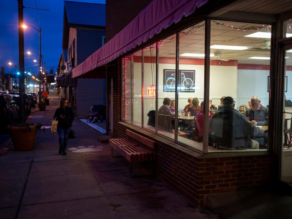 Residents of East Palestine dine at Sprinklz on Top on February 16, 2023 in East Palestine, Ohio. On February 3rd, a Norfolk Southern Railways train carrying toxic chemicals derailed causing an environmental disaster.