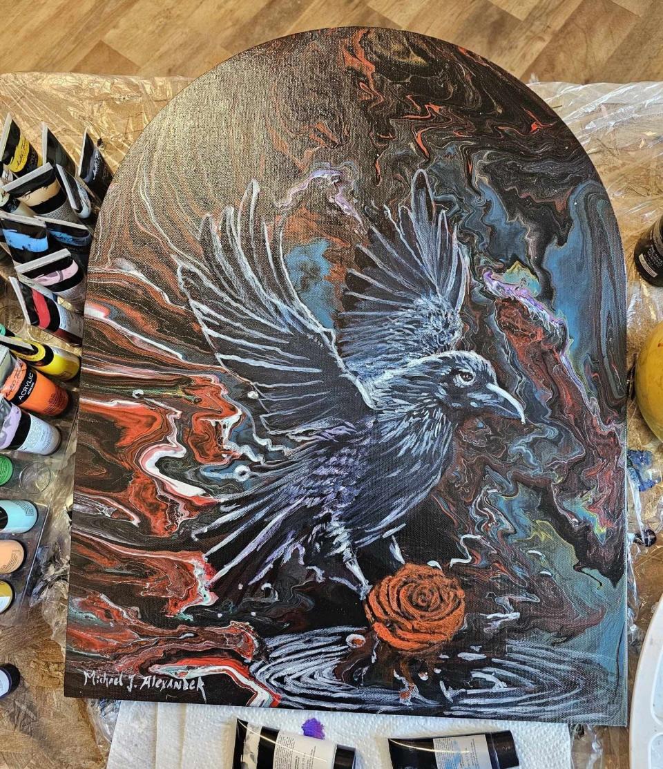 Monroe artist Michael James Alexander created this painting depicting a raven. In addition to acting and making jewelry, Alexander specializes in commissioned art.