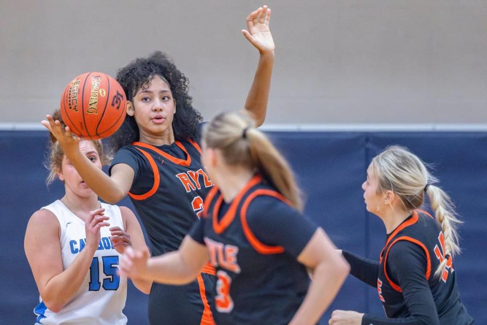 Ryle’s Jayden McClain, a 6-foot-5 seventh grader, is “very much a big deterrent for people” in the paint, says Katie Haitz, her coach.