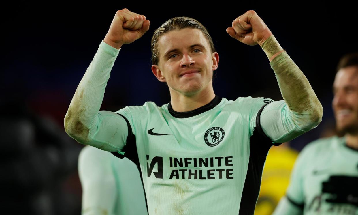 <span>Conor Gallagher celebrates after his double earned Chelsea victory over his former loan club, Crystal Palace.</span><span>Photograph: Tom Jenkins/The Guardian</span>