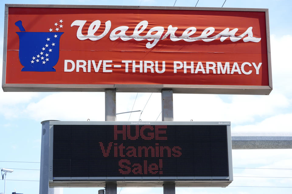 A sign for a Walgreens pharmacy is shown in Bradenton, Fla., Feb. 9, 2024. Amazon.com Inc. will replace Walgreens Boots Alliance Inc. as one of the 30 companies in the Dow Jones Industrial Average on Monday, Feb. 26, 2024. (AP Photo/Gene J. Puskar)