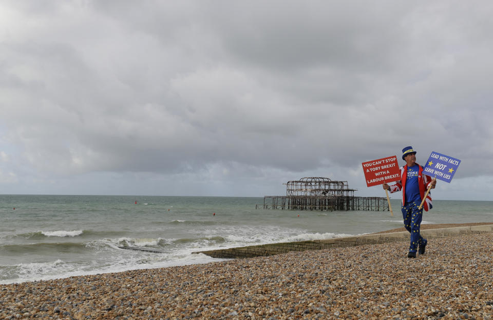 Anti Brexit campaigner Steve Bray walks on the beach to pose for a photograph during the Labour Party Conference at the Brighton Centre in Brighton, England, Monday, Sept. 23, 2019. (AP Photo/Kirsty Wigglesworth)