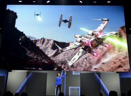 Sigurlina Ingvarsdottir, senior producer at EA Digital Illusions Creative Entertainment, introduces the new video game "Star Wars Battlefront" during Electronic Arts media briefing before the opening day of the Electronic Entertainment Expo, or E3, at the Shrine Auditorium in Los Angeles, California June 15, 2015. REUTERS/Kevork Djansezian