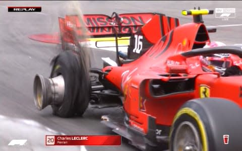 Charles Leclerc's tyre heavily damaged - Credit: SKY SPORTS F1