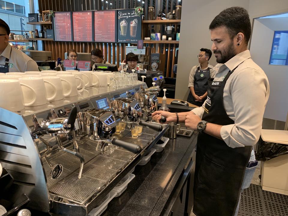 Sasti, Starbucks Regional Barista Champion, making an espresso with Starbucks Tampines Mall’s Black Eagle espresso machine. (PHOTO: Teng Yong Ping/Yahoo Lifestyle Singapore)