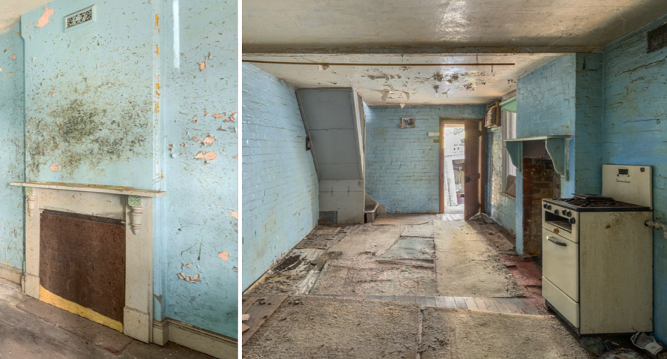 Images inside a property showing dirty walls and peeling paint, no kitchen installed and damaged floors. 