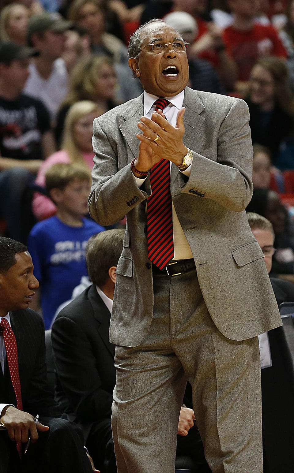 Texas Tech coach Tubby Smith applauds during an NCAA college basketball game against Baylor in Lubbock, Texas, Wednesday, Jan, 15, 2014. (AP Photo/Lubbock Avalanche-Journal, Tori Eichberger) ALL LOCAL TV OUT