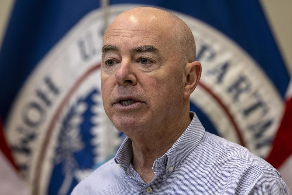Department of Homeland Security Secretary Alejandro Mayorkas holds a press conference at a U.S. Border Patrol station on Jan. 8, 2024, in Eagle Pass, Texas.  / Credit: John Moore/Getty Images