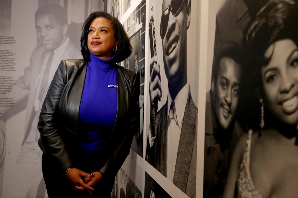 Robin Terry, the chairwoman and chief executive officer at Motown Museum in Detroit inside the long hallway lined with past Motown stars at the museum on Wednesday, Jan. 31 2024.