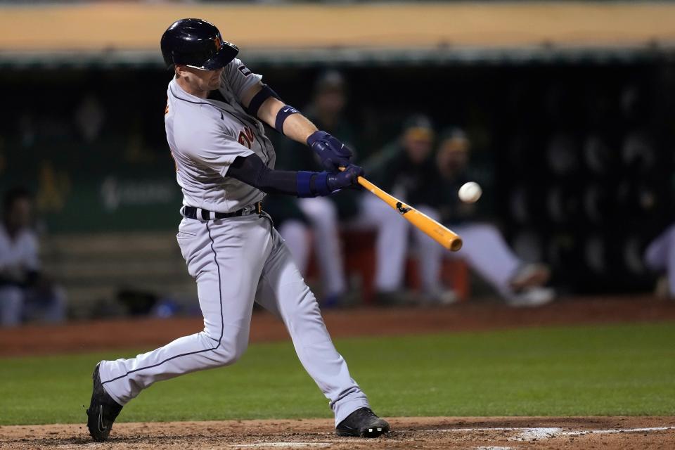 Detroit Tigers' Carson Kelly hits a two-run home run against the Oakland Athletics during the fifth inning at Oakland Coliseum in Oakland, California, on Friday, Sept. 22, 2023.