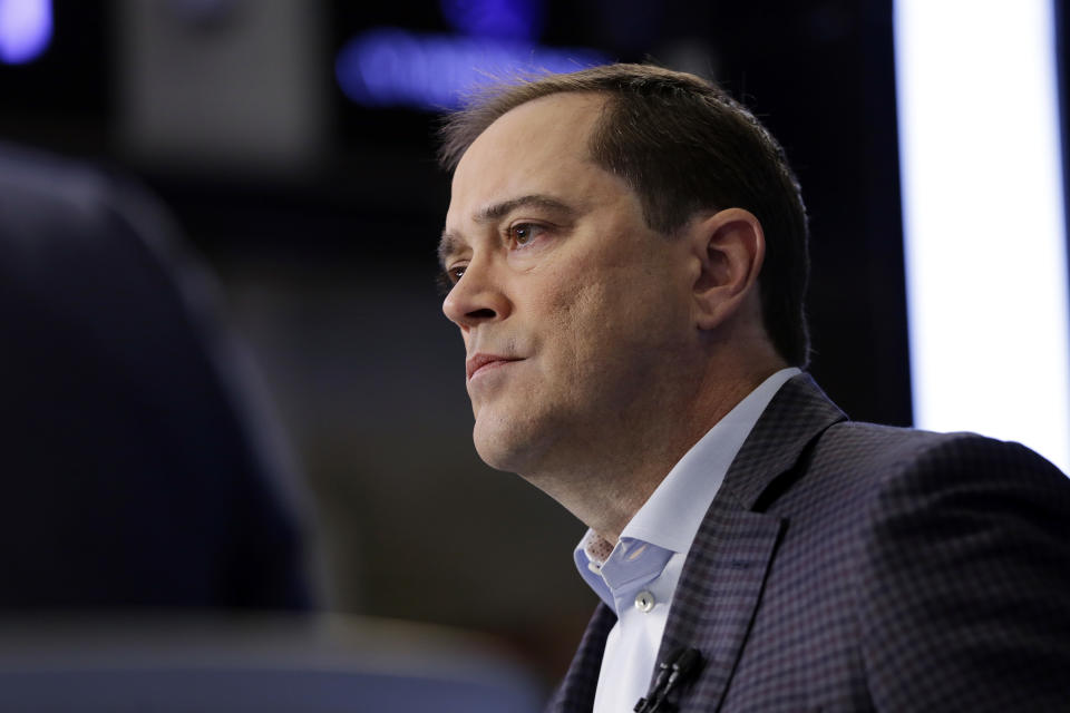 FILE- In this Nov. 17, 2017, file photo, Cisco CEO Chuck Robbins is interviewed on the floor of the New York Stock Exchange. Cisco Systems Inc. reports earnings Wednesday, May 16, 2018. (AP Photo/Richard Drew, File)