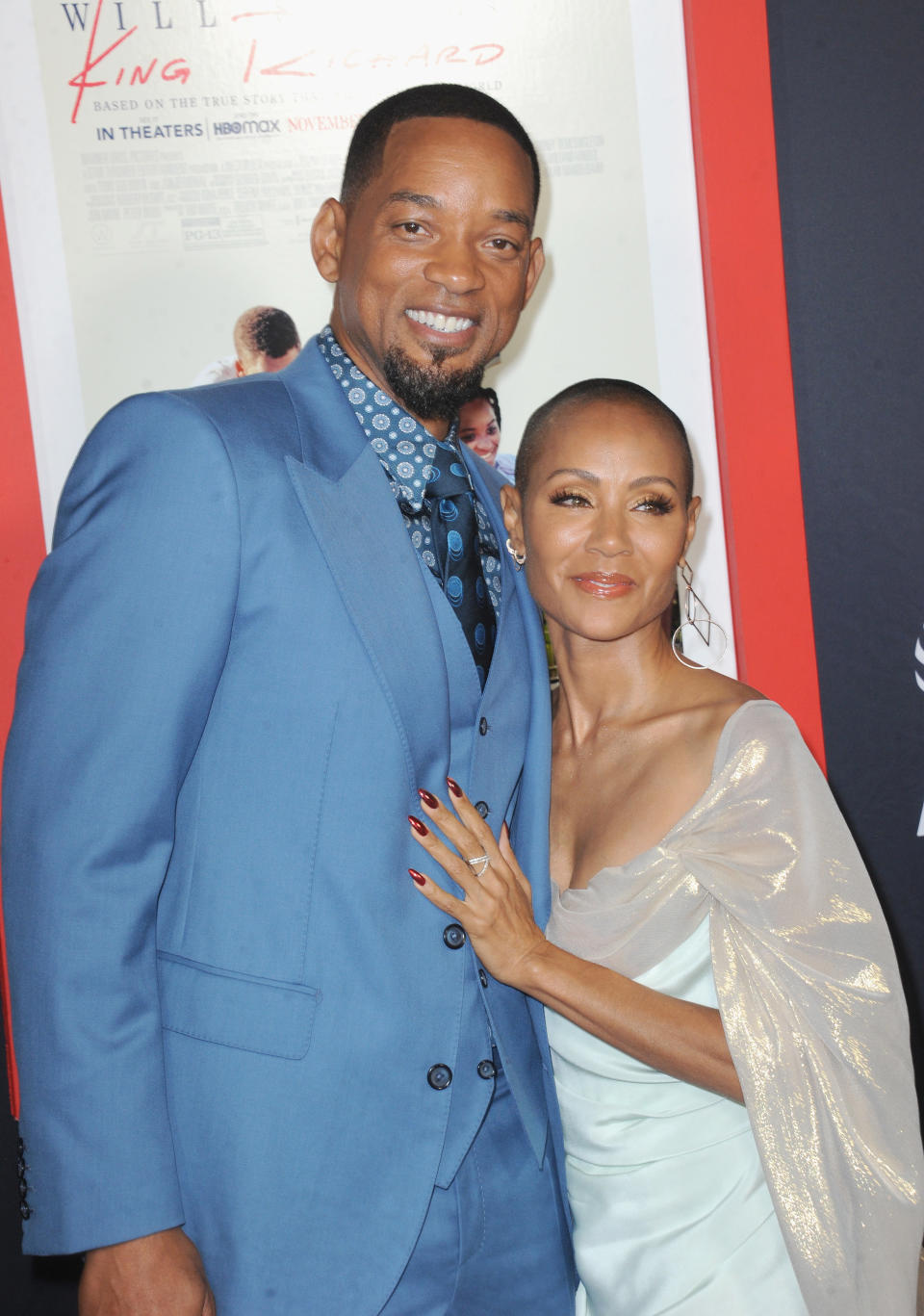 Will Smith and Jada Pinkett Smith pose at the premiere of "King Richard" on November 14, 2021