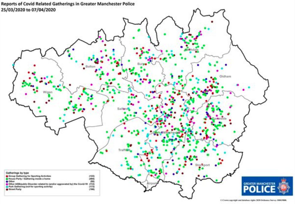 The map shows the locations of various COVID-related gatherings in Greater Manchester. (Greater Manchester Police)