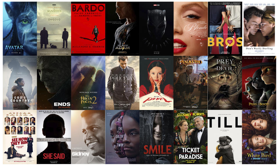 This combination of photos shows promotional art for upcoming films, top row from left, "Avatar: The Way of Water," "The Banshees of inisherin," "Bardo," "Black Adam," "Black Panther: Wakunda Forever," "Bros," "Don't Worry Darling," second row from left, "God's Country," "Halloween Ends," "Hocus Pocus 2," "My Policeman," "Pearl," "Pinocchio," "Prey for the Devil," "Puss in Boots: The Last Wish," bottom row from left, "See How They Run," "She Said," "Sidney," "The Silent Twins," "Smile," "Ticket to Paradise," "Till," and "White Bird: A Wonder Story." (20th Century Studios/Searchlight/Netflix/Warner Bros./Marvel Studios/Netflix/Universal/Warner Bros./IFC Films/Universal/Disney+/Amazon/A24/Disney+/Lionsgate/Dreamworks/Searchlight/Universal/AppleTV+/ Focus/Paramount/Universal/MGM/Lionsgate via AP)