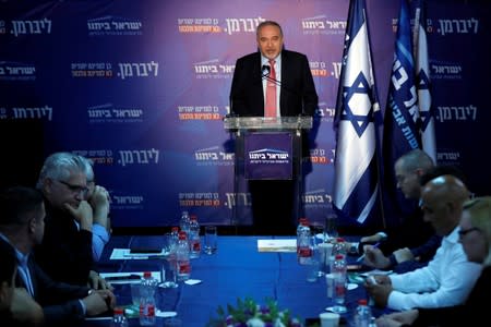 Lieberman, leader of Yisrael Beitenu party, delivers a statement following his party faction meeting, near Neve Ilan