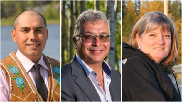 The NDP's Kelvin Kotchilea, Liberal incumbent Michael McLeod and Independent Jane Groenewegen were the only contenders in CBC N.W.T.'s election forum Friday, after the Green Party's Roland Laufer sent his regrets.  (CBC - image credit)