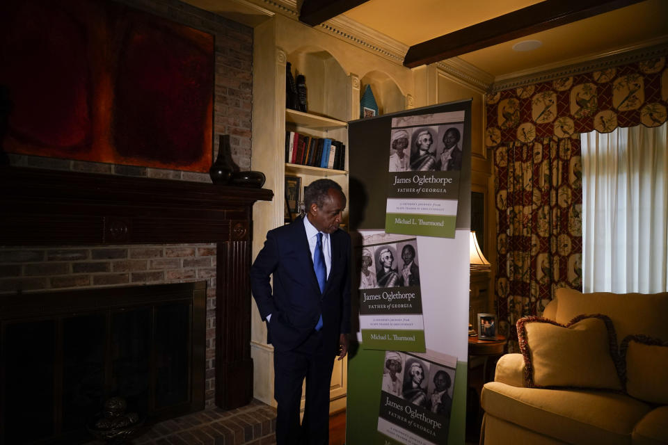 Author Michael Thurmond walks away after speaking during an interview with Associated Press about his new book, Friday, Jan. 26, 2024, in Stone Mountain, Ga. A new book by Michael Thurmond entitled “James Oglethorpe, Father of Georgia” focuses on Georgia's white founding father’s failed attempt to ban slavery after starting Britain's 13th American colony in 1733. (AP Photo/Brynn Anderson)