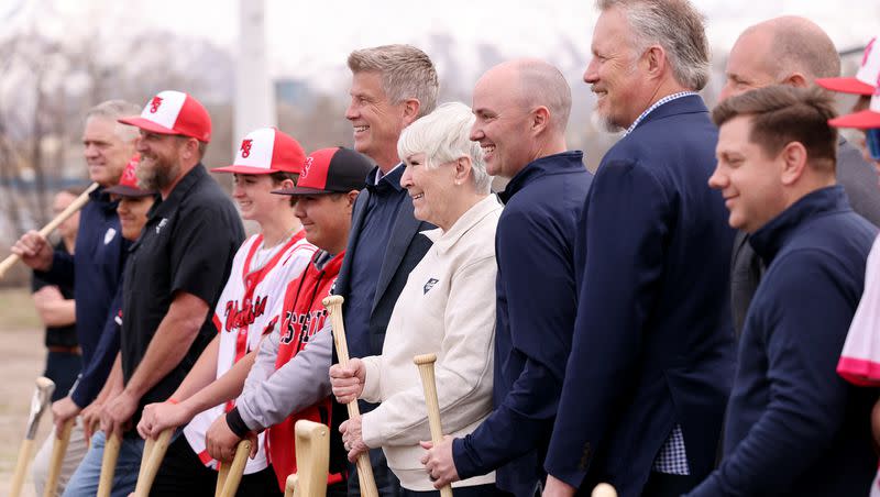 Gail Miller poses for photos with Gov. Spencer Cox and other leaders and community members at the groundbreaking of the Rocky Mountain Power District property on Wednesday, April 12, 2023. Miller also announced plans to hopefully bring a Major League Baseball team to the area.