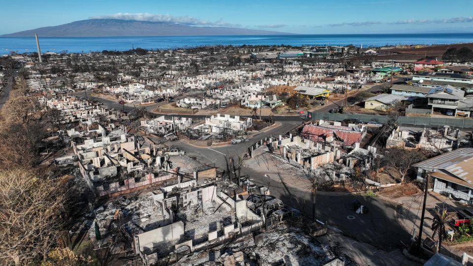 Lahaina, Maui, August 17, 2023. An aerial image east of town, where homes and businesses lay in ruins after a devastating wildfire swept through.  / Credit: Robert Gauthier/Los Angeles Times via Getty Images