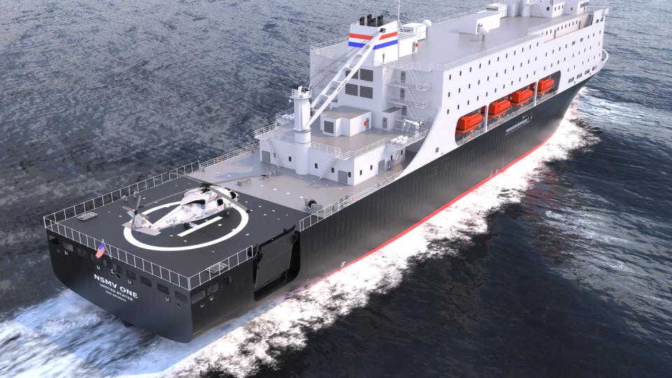 A rendering of the National Security Multi-Mission Vessel shows it could be used to transport cargo containers and military vehicles, serve as a helicopter launching pad for humanitarian assistance operations, and more. (U.S. Maritime Administration)
