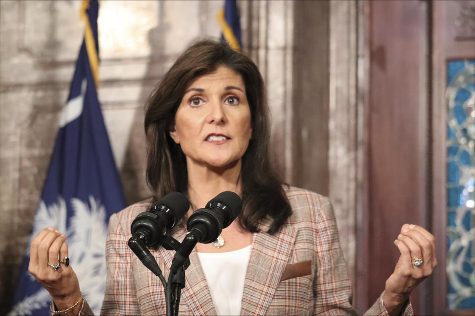 FILE - White House hopeful Nikki Haley speaks during a presidential campaign stop at the South Carolina State House, Monday, Oct. 30, 2023, in Columbia, S.C. Haley and Vivek Ramaswamy, two of the leading contenders for the Republican presidential nomination, are Indian Americans, even though polling points to an Indian diaspora that overwhelmingly votes Democrat. The two candidates are running significantly behind former President Donald Trump and also trail Florida Gov. Ron DeSantis, but they’re outpacing others in the field. (AP Photo/James Pollard, File)