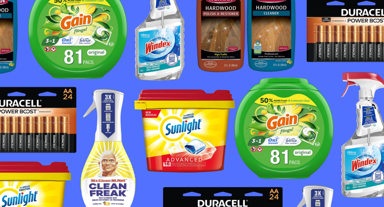 cleaning essentials, sunlight pods, gain detergent pods, windex cleaner, hardwood cleaner, duracell batteries, cleaning supplies amazon canada
