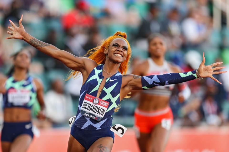 <div class="inline-image__title">1324597953</div> <div class="inline-image__caption"><p>Sha'Carri Richardson celebrates winning the Women’s 100 Meter final at the 2020 U.S. Olympic Track & Field Team Trials at in Eugene, Oregon, on June 19.</p></div> <div class="inline-image__credit">Patrick Smith</div>