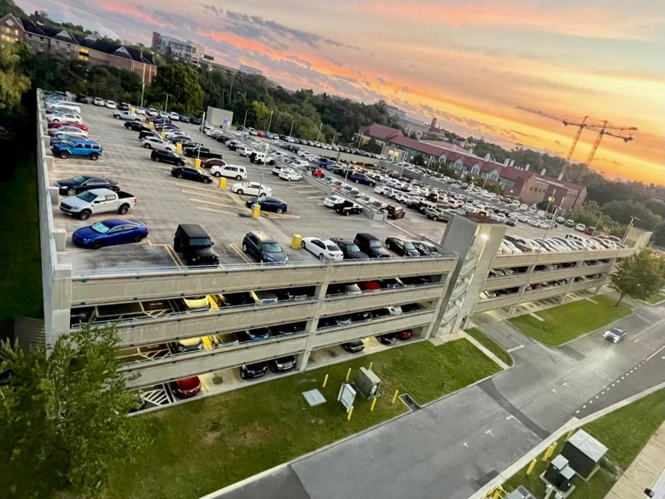 A three-story parking garage, Garage 5, on Gale Lemerand Drive at the University of Florida in Gainesville, Florida.