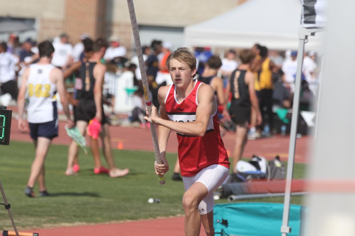 Crestview's Liam Kuhn participating in the pole vault at the 2023 state track meet in Columbus.
