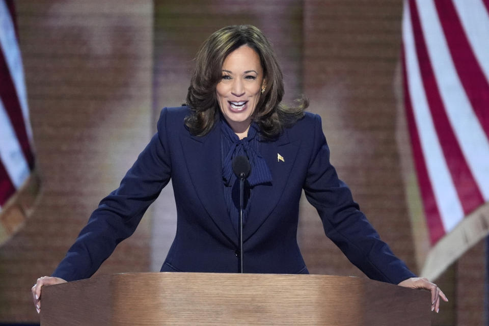 Democratic presidential candidate and Vice President Kamala Harris speaks during the Democratic National Convention, Thursday, Aug. 22, 2024, in Chicago. (AP Photo/J. Scott Applewhite)