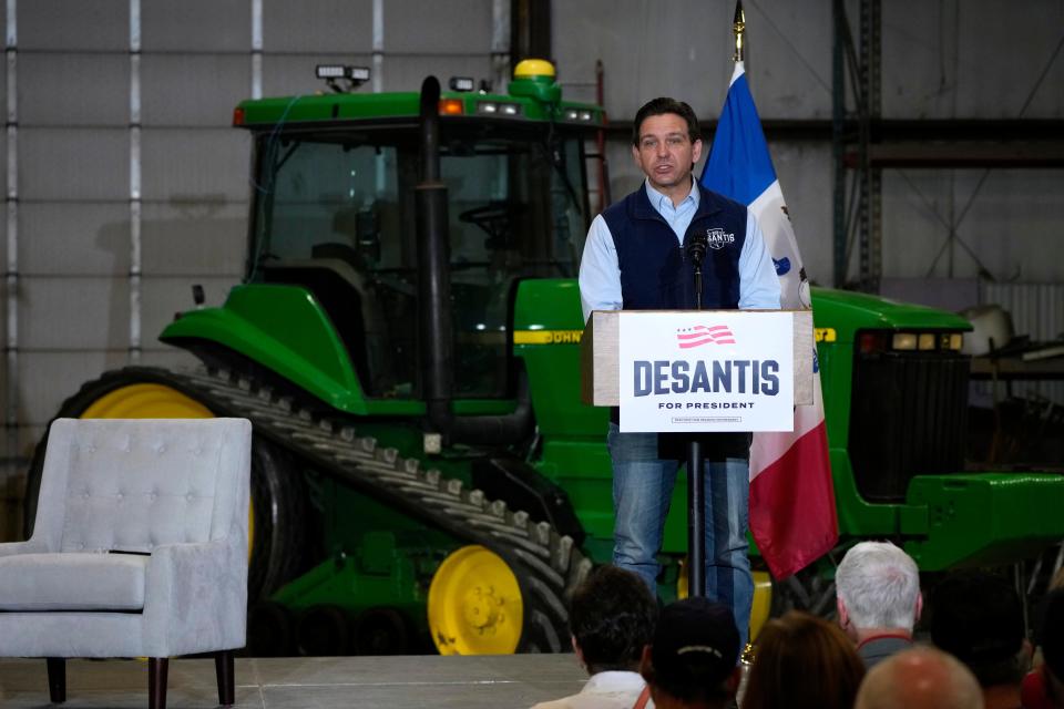 Republican presidential candidate Florida Gov. Ron DeSantis speaks during a campaign event at Port Neal Welding, Wednesday, May 31, 2023, in Salix, Iowa. (AP Photo/Charlie Neibergall)