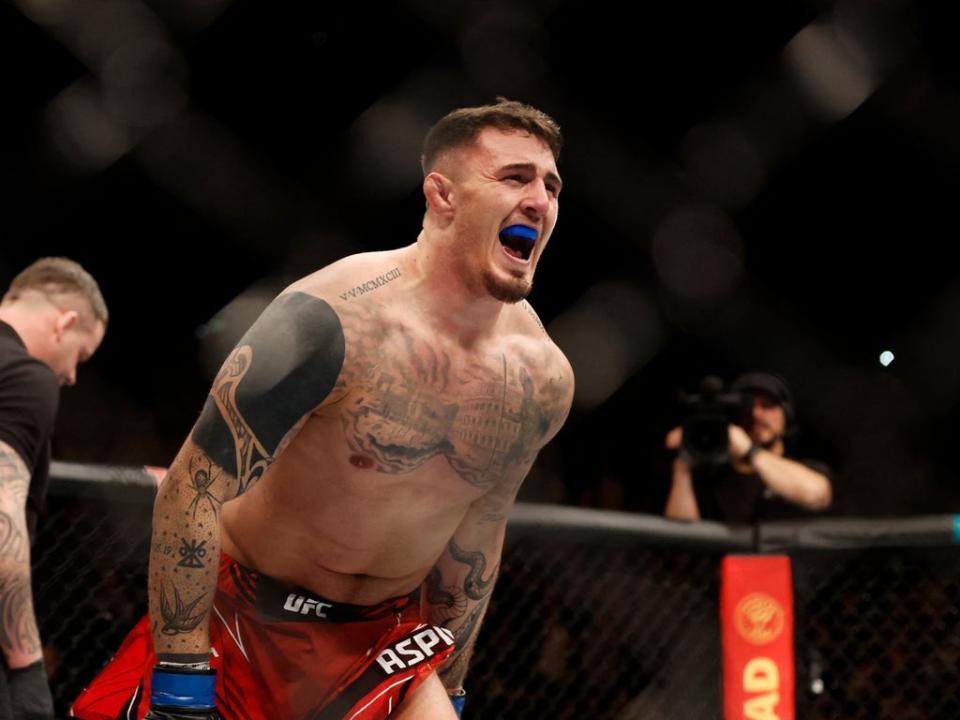 Tom Aspinall celebrates his main-event submission of Alexander Volkov (Action Images via Reuters)