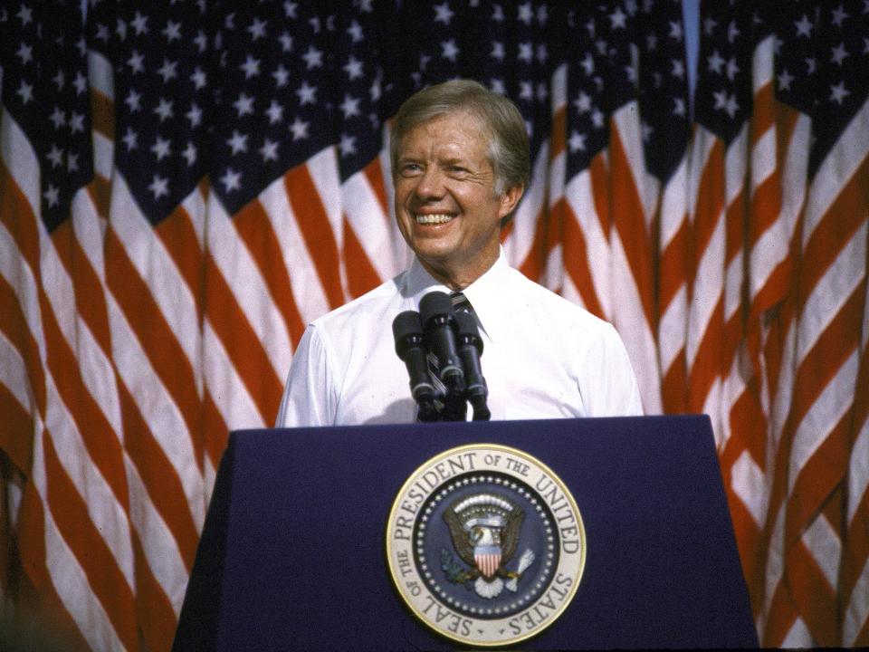 President Jimmy Carter speaking at Merced College in 1980