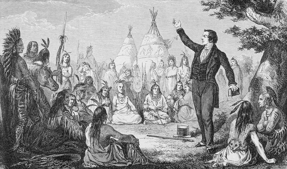 Joseph Smith, founder of the LDS Church, preaching to Indians.