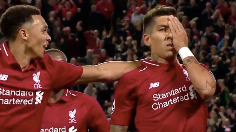 Firmino was poked in the eye over the weekend, couldn’t see at training – and then scored the winner. Pic: Optus